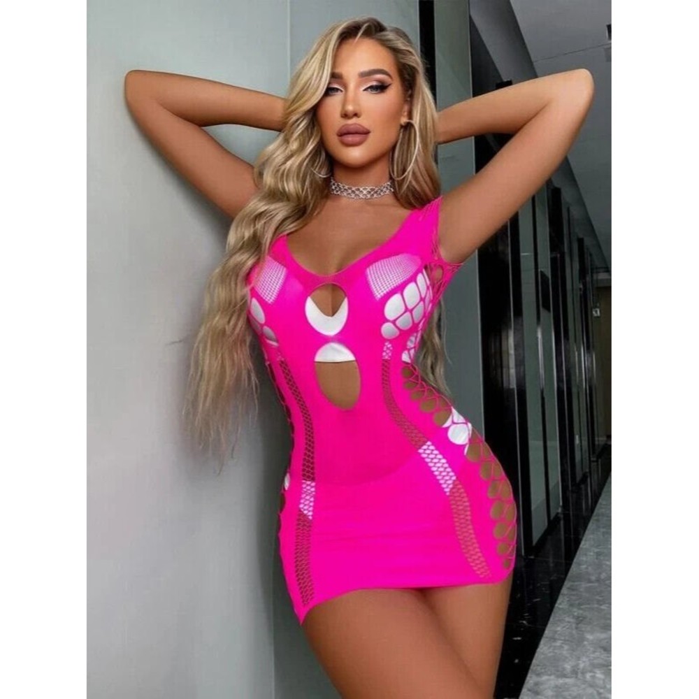 Neon Pink Mesh Hollow Out Bodycon Dress Without Liner